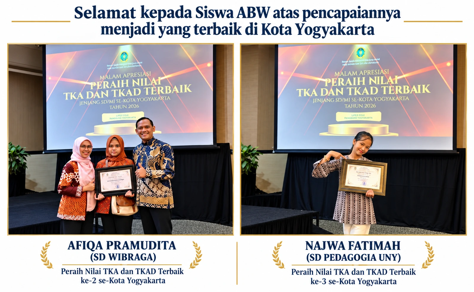 Dokumentasi penghargaan Afiqa Pramudita dan Najwa Fatimah atas pencapaian TKA dan TKAD